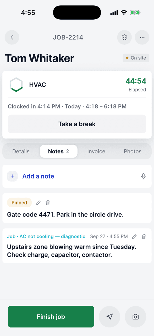 A job’s access notes, with the gate code, on the tech’s phone