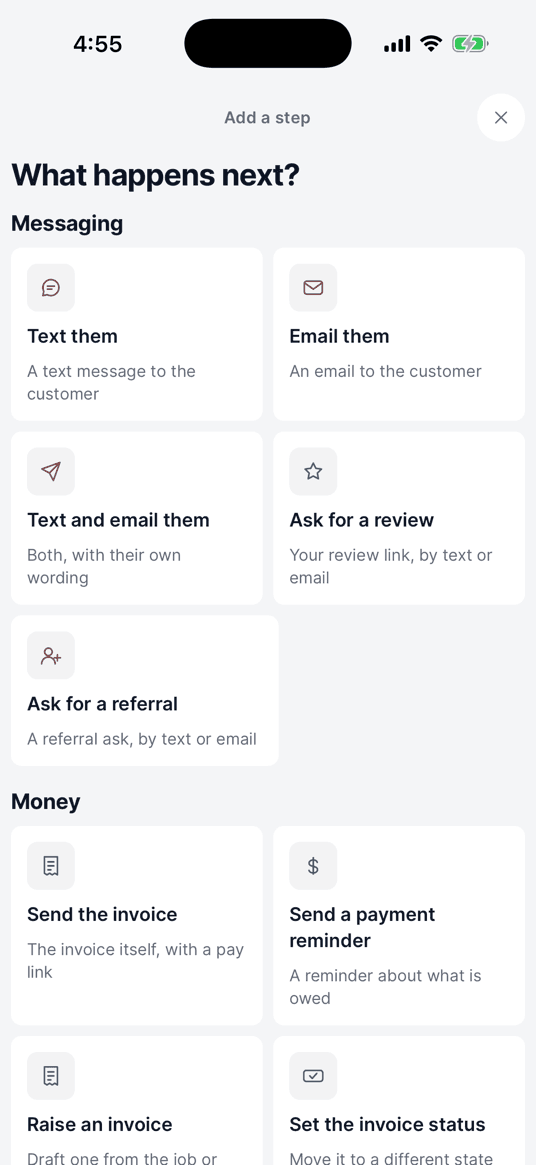 An automation built as a flow: a trigger, a wait, then a message