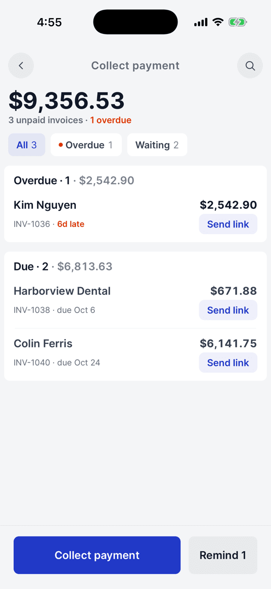 Collect payment: every unpaid invoice, overdue first, each with a pay link to send