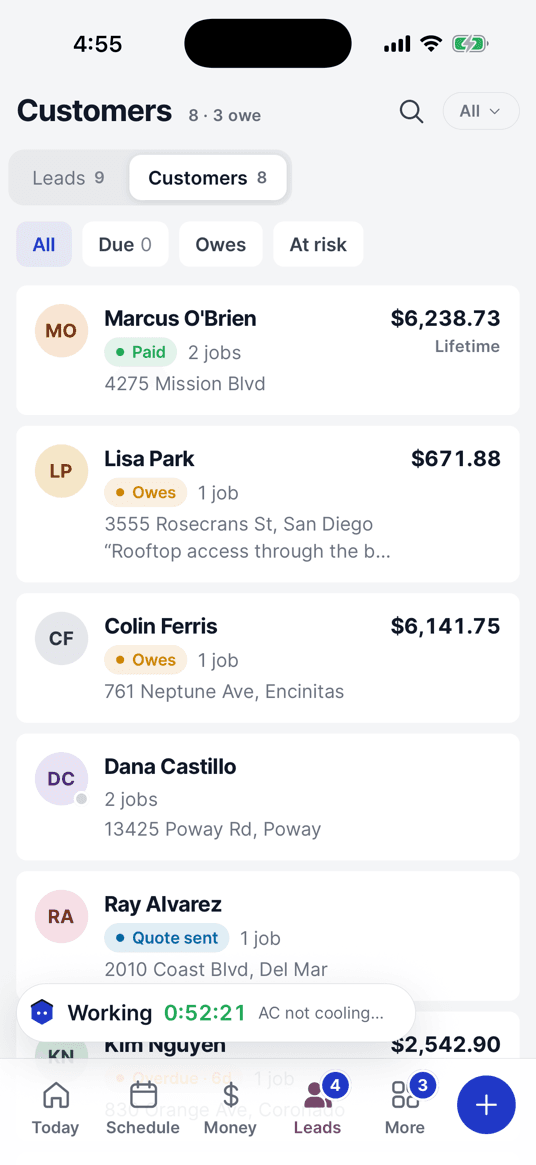 The customer list with lifetime spend and who still owes