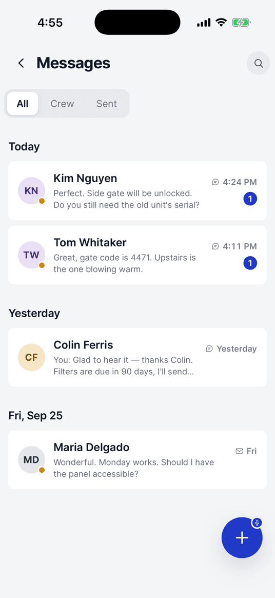 The messages inbox: customer texts and emails in one list, newest first
