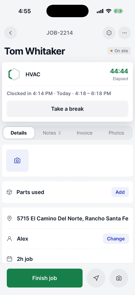 A job in progress: on site, the timer running, and the scope of work