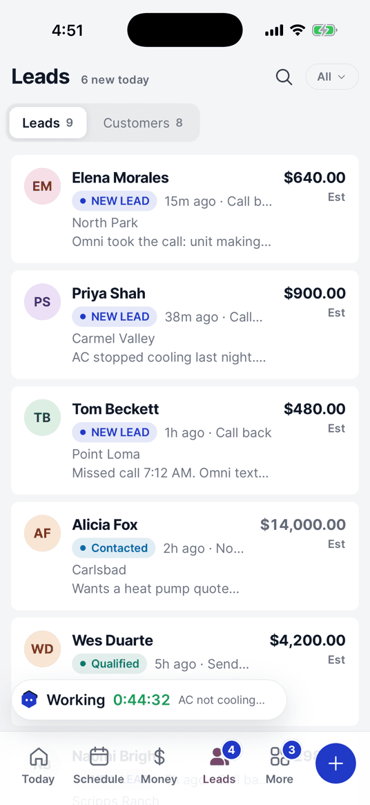 The Leads tab: every inquiry with its stage and what it is worth