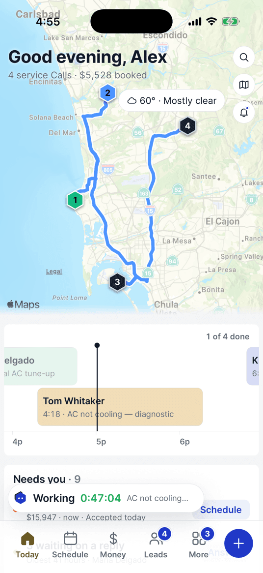 The day on a map with a route drawn from your location to the next stop