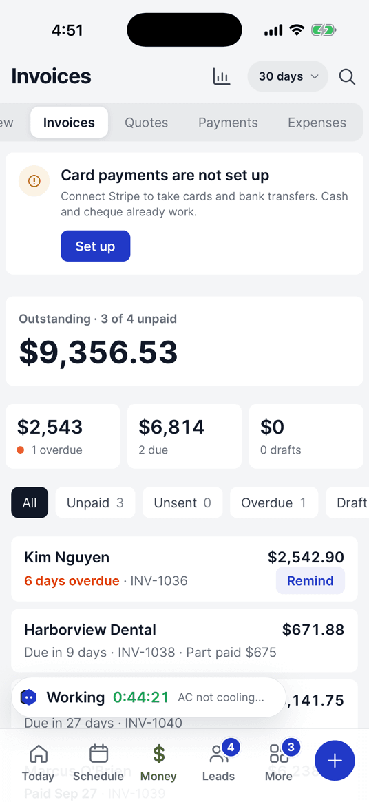 The Money tab: what is outstanding and overdue, then each unpaid invoice