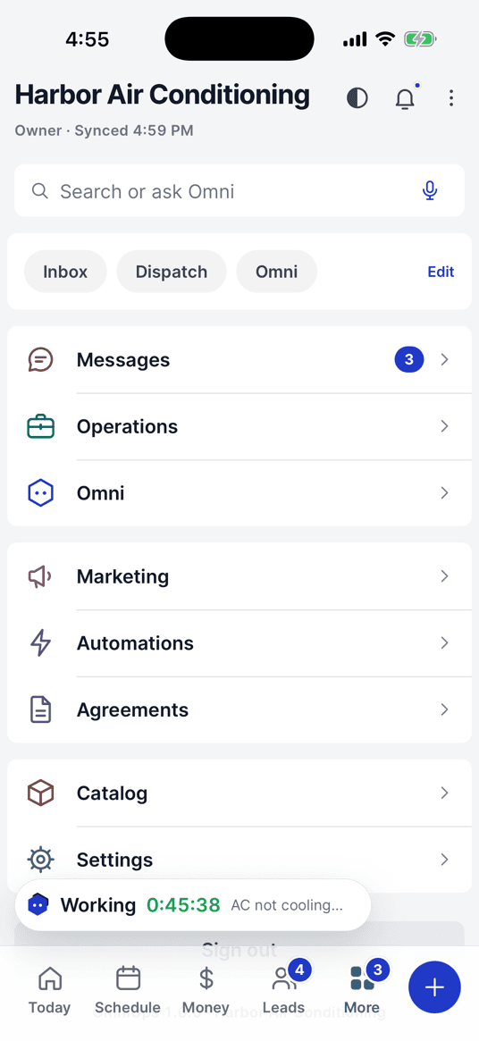The More tab: reports, the team, messages and settings