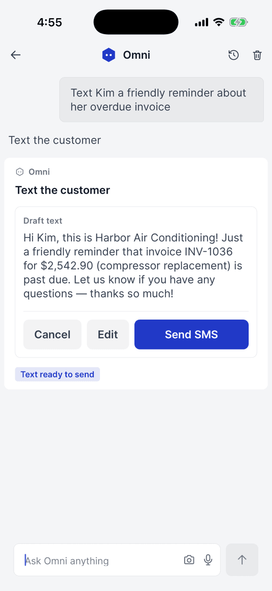 Omni drafting a payment reminder text, stopped with Send for you to tap