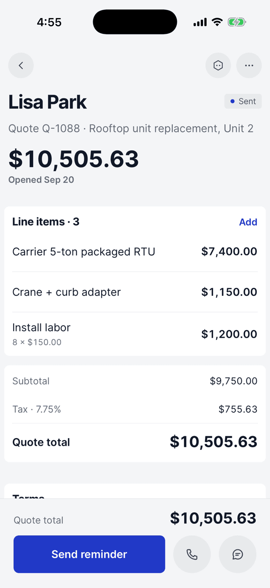 A quote with its line items, tax and total