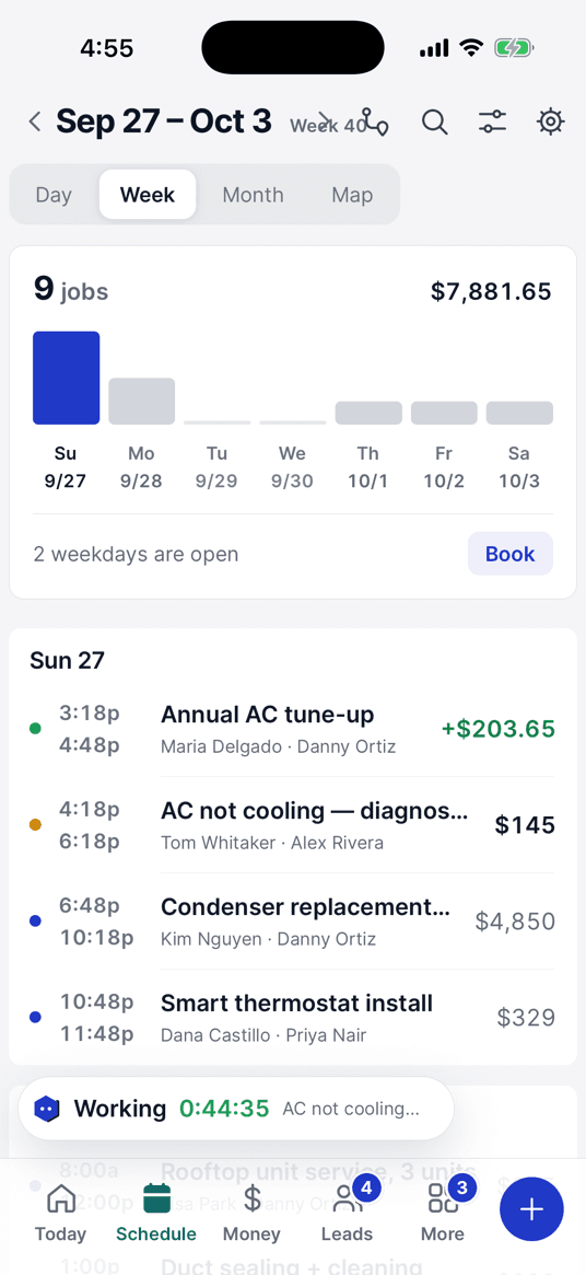 The Schedule tab: the week’s jobs by day, each with its customer, tech and price