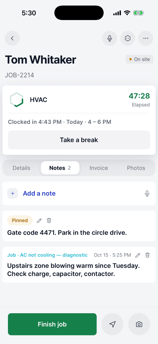 A job’s access notes, with the gate code, on the tech’s phone