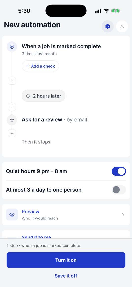 An automation built as a flow: a trigger, a wait, then a message