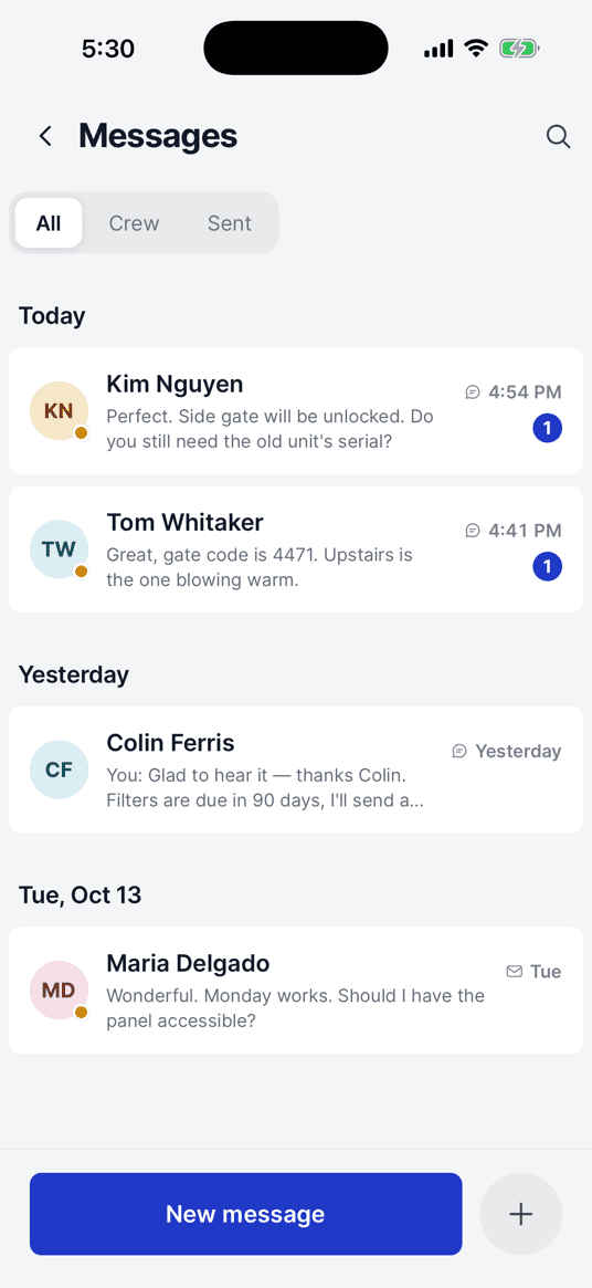 The messages inbox: customer texts and emails in one list, newest first
