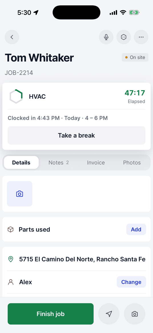 A job in progress: on site, the timer running, and the job’s details