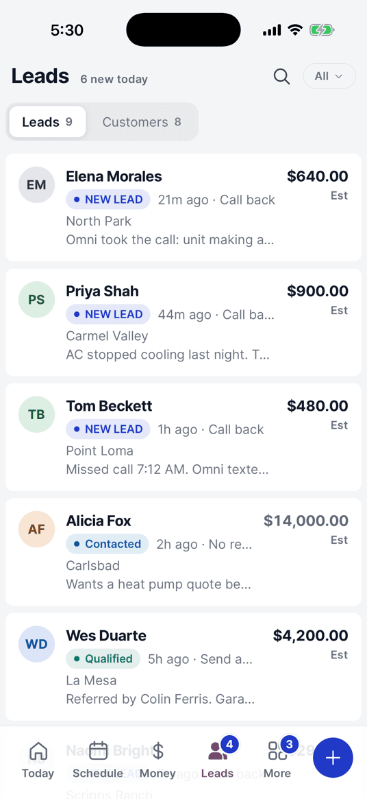 The Leads tab: every inquiry with its stage and what it is worth