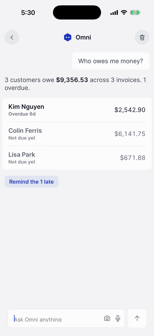 Omni listing the customers with an open balance, the overdue one first
