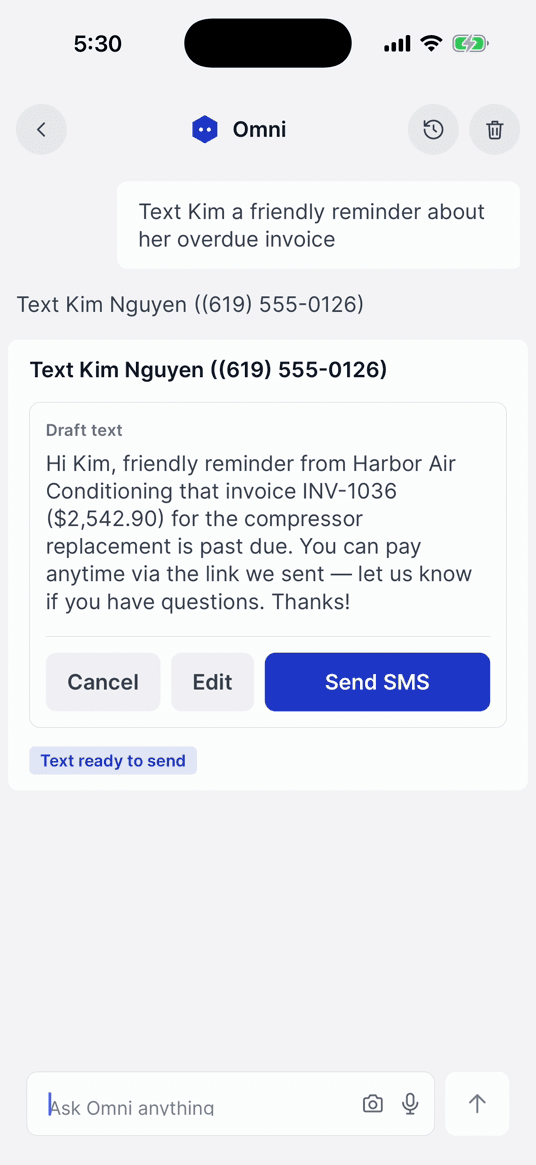 Omni drafting a payment reminder text, stopped with Send for you to tap