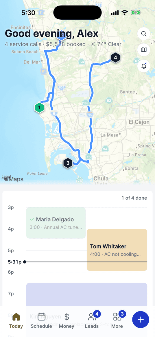 The Today tab on the phone: the day’s stops on a map and the jobs still to do