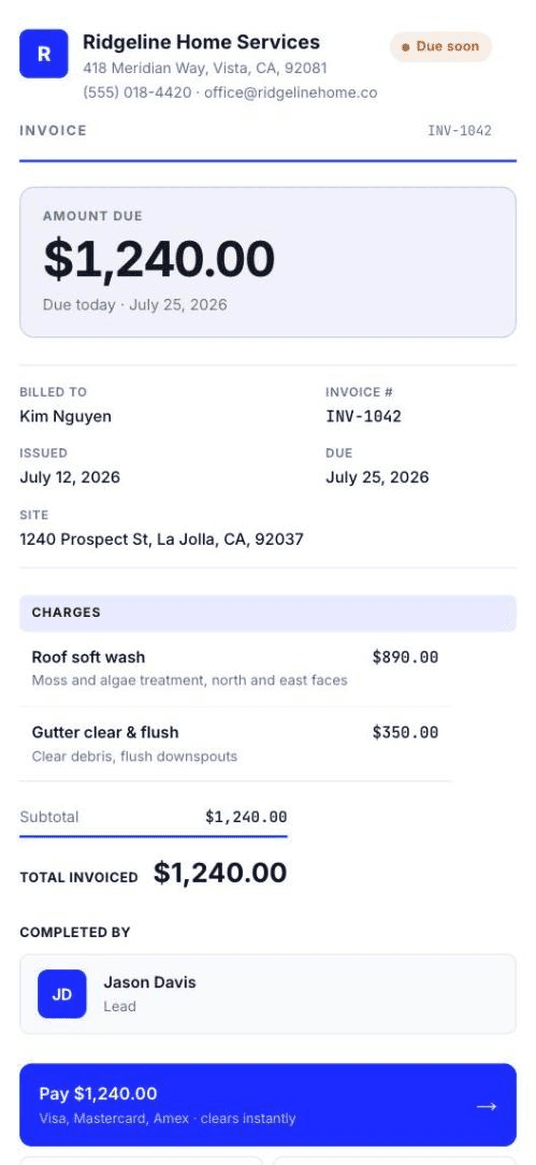 The invoice a customer receives, with a card payment button