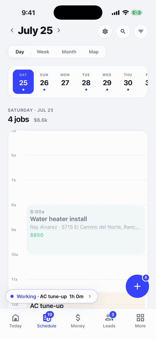 The Schedule tab — the day’s jobs with customer, time and price