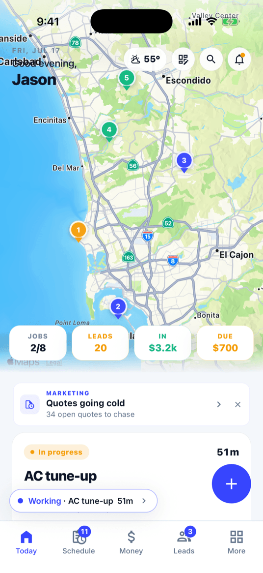 The OmniOps Today screen — a live map of the day’s stops with jobs, leads, cash collected and amount due